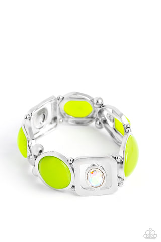 MAJESTIC MASHUP - GREEN BEAD IRIDESCENT GEM SILVER STRETCHY BRACELET - PAPARAZZI