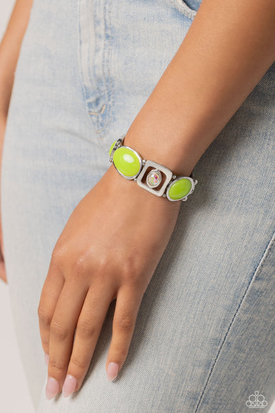 MAJESTIC MASHUP - GREEN BEAD IRIDESCENT GEM SILVER STRETCHY BRACELET - PAPARAZZI