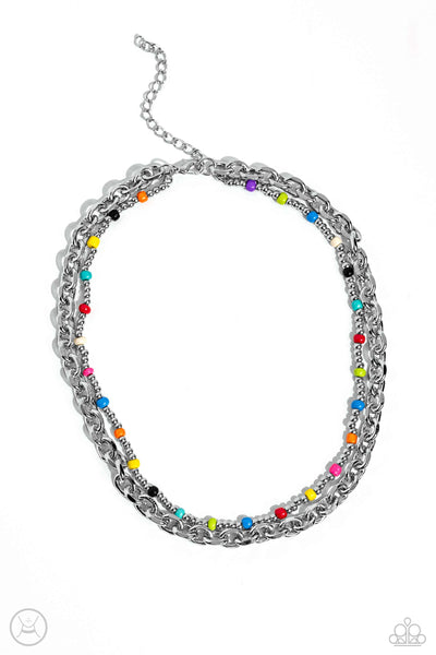 A POP OF COLOR - MULTI COLORED BEAD SILVER LAYERED SHORT NECKLACE - PAPARAZZI