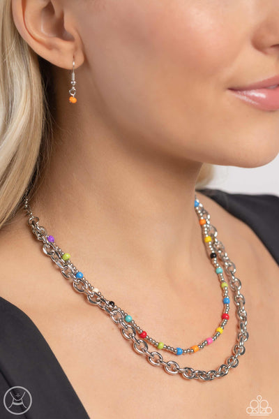 A POP OF COLOR - MULTI COLORED BEAD SILVER LAYERED SHORT NECKLACE - PAPARAZZI