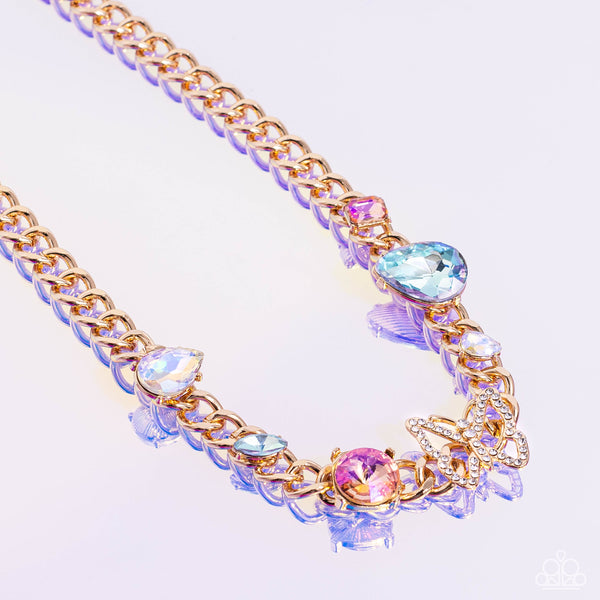 STORYBOOK SUCCESSION - GOLD CHAIN WHITE RHINESTONE BUTTERFLY MULTI COLOR GEM SHORT NECKLACE - PAPARAZZI - LIFE OF THE PARTY SEPTEMBER 2023