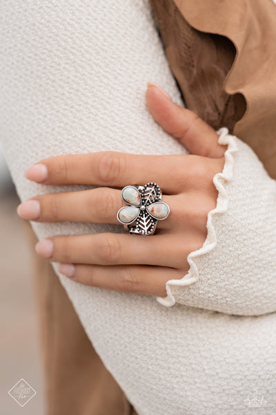 FREE-SPIRITED FORMAL - BLUE AND WHITE STONE SILVER FLORAL RING - PAPARAZZI JULY 2023