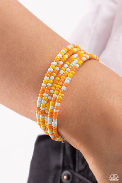 COILED CANDY - YELLOW ORANGE BLUE SEED BEAD COIL BRACELET - PAPARAZZI