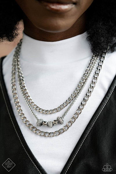 LAYERED LOYALTY - WHITE RHINESTONE SILVER CHAIN LAYERED SHORT NECKLACE - PAPARAZZI - FASHION FIX OCTOBER 2023