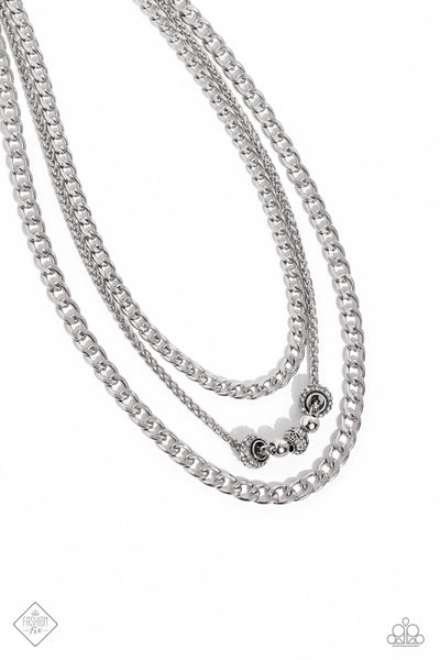 LAYERED LOYALTY - WHITE RHINESTONE SILVER CHAIN LAYERED SHORT NECKLACE - PAPARAZZI - FASHION FIX OCTOBER 2023