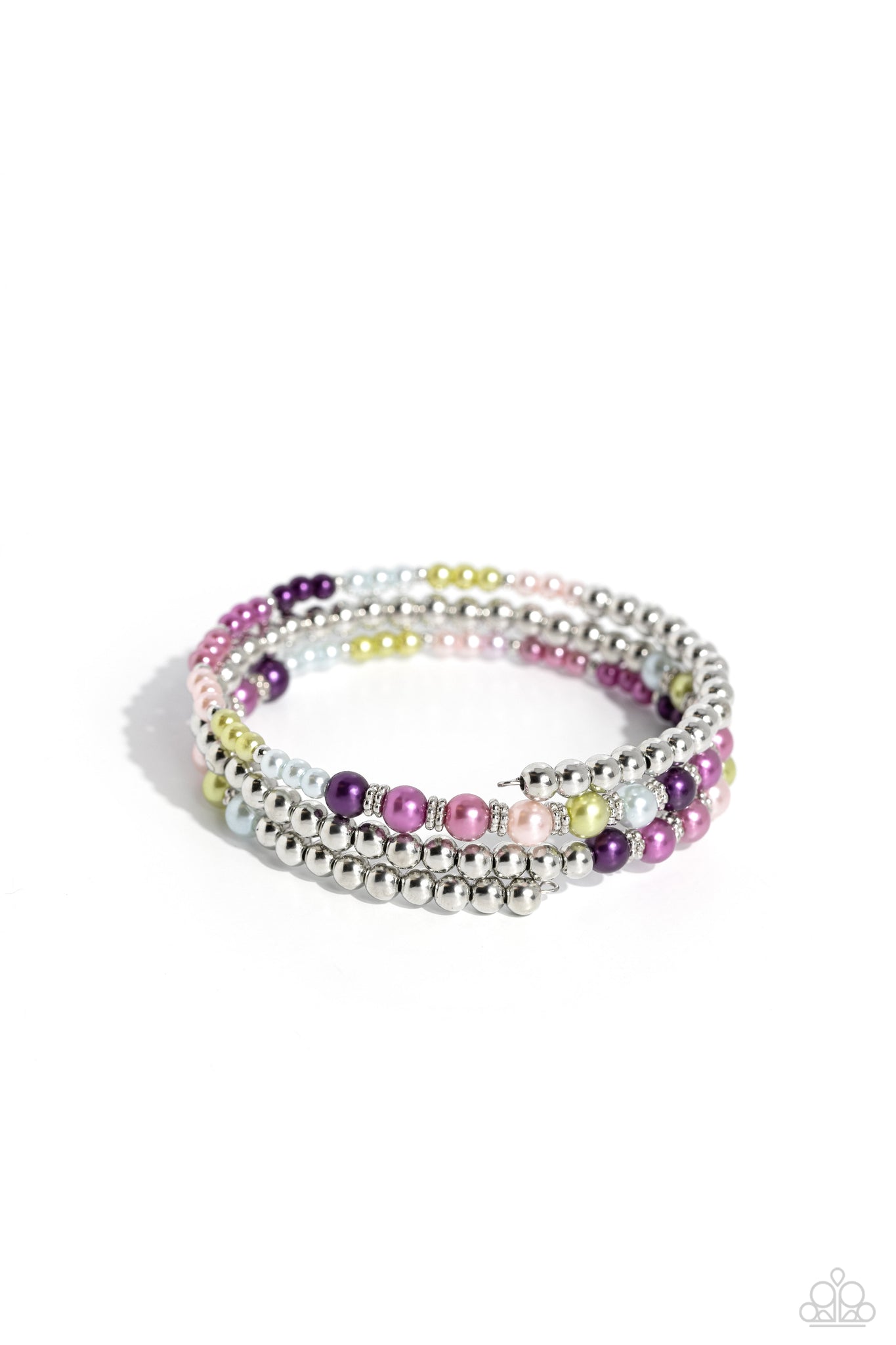 JUST SASSING THROUGH - MULTI PINK PURPLE BLUE PEARL SILVER COIL BRACELET - PAPARAZZI