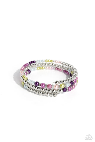 JUST SASSING THROUGH - MULTI PINK PURPLE BLUE PEARL SILVER COIL BRACELET - PAPARAZZI