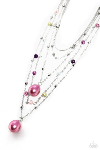 SASS WITH FLYING COLORS - MULTI PINK BLUE PURPLE PEARL SILVER LAYERED NECKLACE - PAPARAZZI