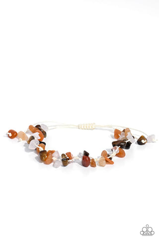 KNOTTED KINGDOM - ORANGE BROWN PINK STONE WHITE CORD SLIDE BRACELET - PAPARAZZI