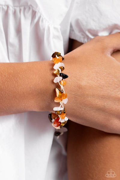 KNOTTED KINGDOM - ORANGE BROWN PINK STONE WHITE CORD SLIDE BRACELET - PAPARAZZI