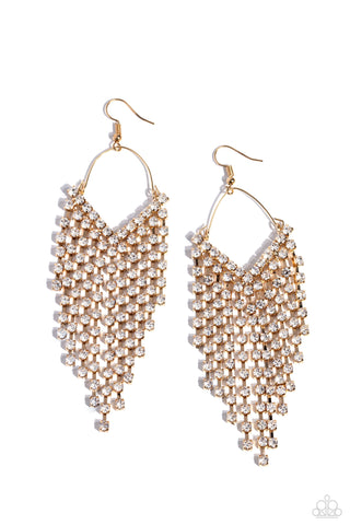 V FALLIN - GOLD WHITE RHINESTONE V FRINGE EARRINGS - PAPARAZZI