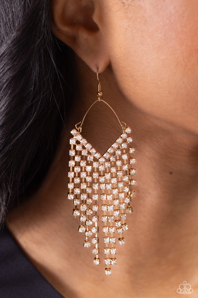 V FALLIN - GOLD WHITE RHINESTONE V FRINGE EARRINGS - PAPARAZZI