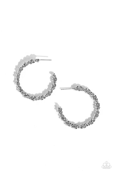 BRAIDED BRAVADO - SILVER TWISTED HOOP EARRINGS - PAPARAZZI