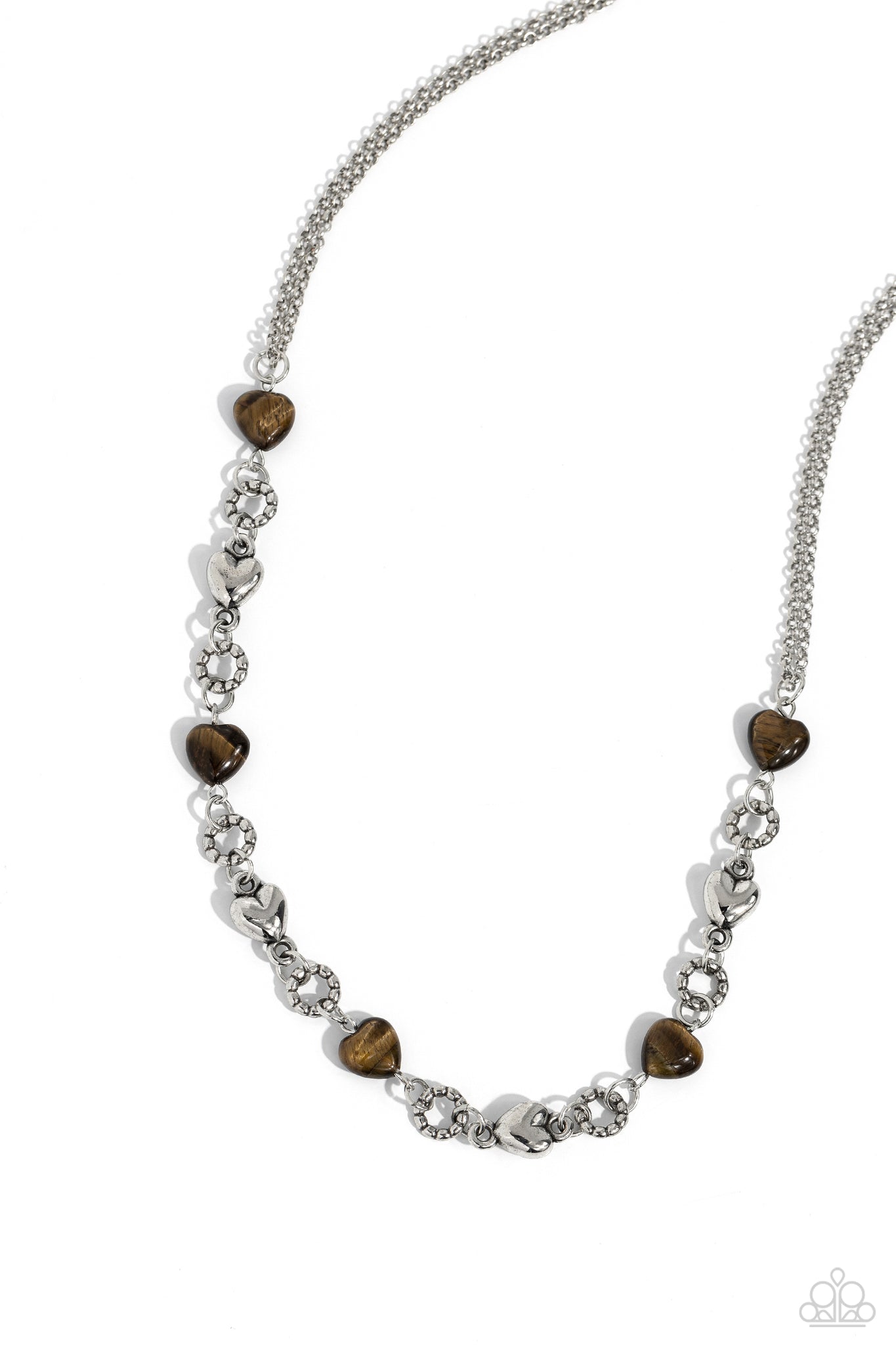 MY HEARTBEAT WILL GO ON - BROWN TIGERS EYE STONE HEART SILVER SHORT NECKLACE - PAPARAZZI