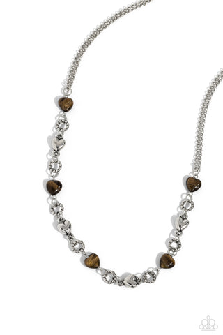 MY HEARTBEAT WILL GO ON - BROWN TIGERS EYE STONE HEART SILVER SHORT NECKLACE - PAPARAZZI