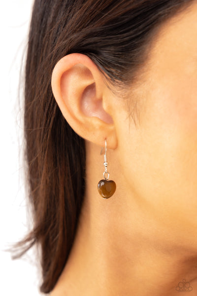 MY HEARTBEAT WILL GO ON - BROWN TIGERS EYE STONE HEART SILVER SHORT NECKLACE - PAPARAZZI