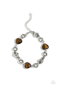 I CAN FEEL YOUR HEARTBEAT - BROWN TIGERS EYE STONE HEART SILVER BRACELET - PAPARAZZI