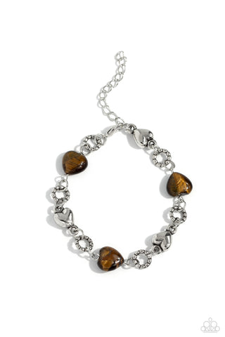 I CAN FEEL YOUR HEARTBEAT - BROWN TIGERS EYE STONE HEART SILVER BRACELET - PAPARAZZI