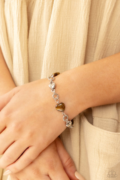 I CAN FEEL YOUR HEARTBEAT - BROWN TIGERS EYE STONE HEART SILVER BRACELET - PAPARAZZI