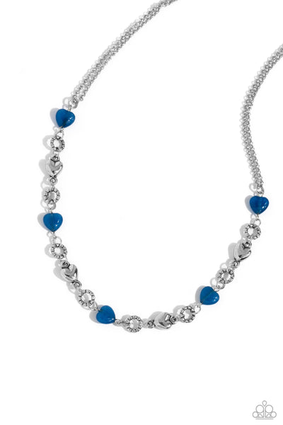 MY HEARTBEAT WILL GO ON - BLUE STONE HEART SILVER SHORT NECKLACE - PAPARAZZI