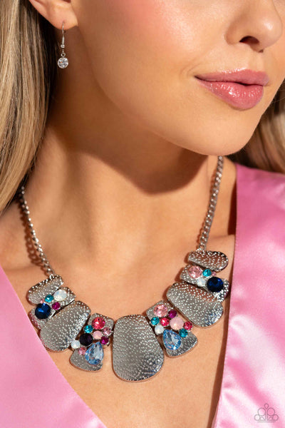 MULTICOLORED MAYHEM - MULTI BLUE PINK GEM SILVER PLATE SHORT NECKLACE - PAPARAZZI - LIFE OF THE PARTY JANUARY 2024