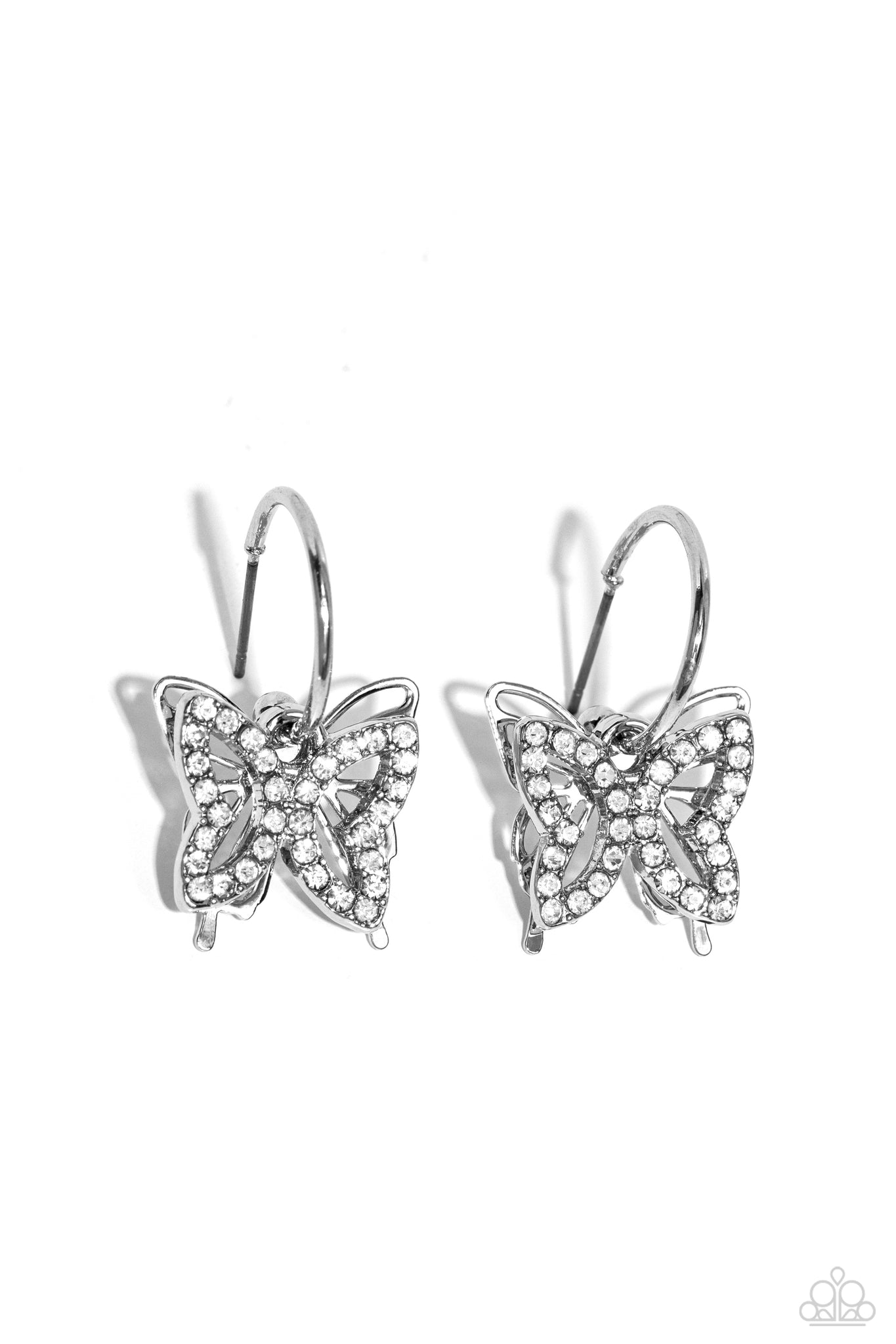 LYRICAL LAYERS - WHITE RHINESTONE SILVER BUTTEFLY TINY HOOP EARRINGS - PAPARAZZI