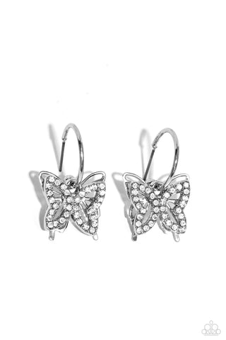 LYRICAL LAYERS - WHITE RHINESTONE SILVER BUTTEFLY TINY HOOP EARRINGS - PAPARAZZI