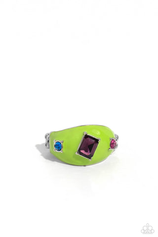 BLINDING BEHAVIOR - GREEN PAINTED COLORFUL GEM RING - PAPARAZZI