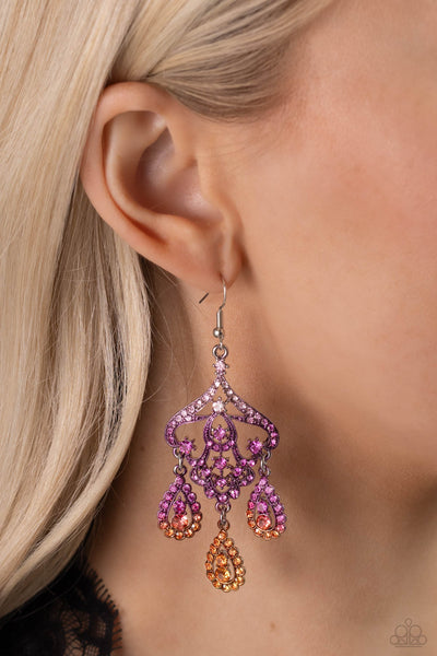 CHANDELIER COMMAND - MULTI PINK PURPLE ORANGE OMBRE RHINESTONE EARRINGS - PAPARAZZI