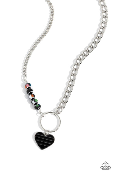 MISMATCHED MAYHEM - BLACK BEAD AND HEART SILVER SHORT NECKLACE - PAPARAZZI