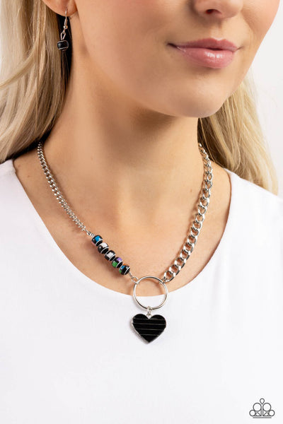 MISMATCHED MAYHEM - BLACK BEAD AND HEART SILVER SHORT NECKLACE - PAPARAZZI