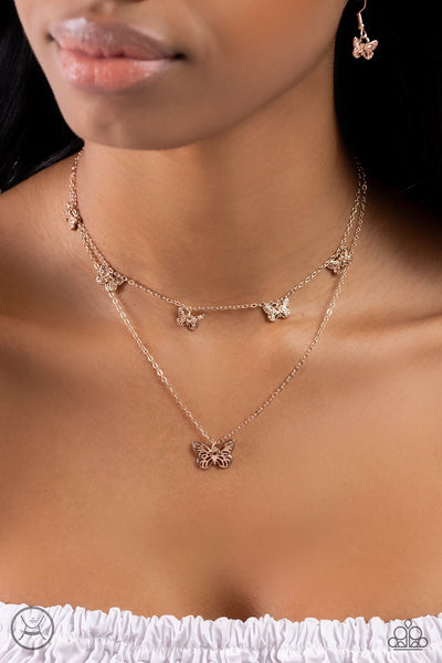 BUTTERFLY BEACON - ROSE GOLD LAYERED SHORT NECKLACE - PAPARAZZI