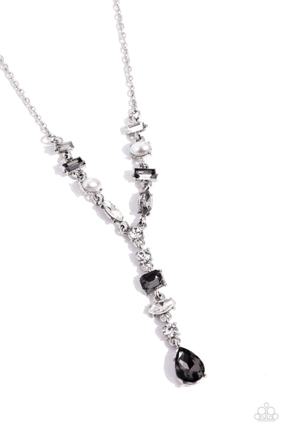 DREAMY DOWRY - SILVER AND WHITE GEM PEARL Y SHORT NECKLACE - PAPARAZZI