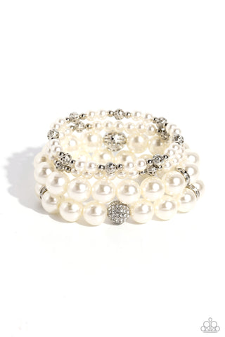 VASTLY VINTAGE - WHITE PEARL AND SILVER BEAD STRETCHY BRACELET SET - PAPARAZZI