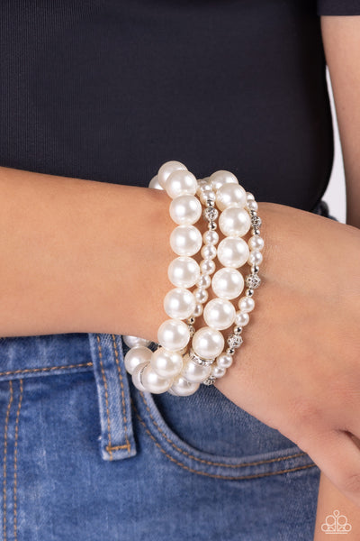 VASTLY VINTAGE - WHITE PEARL AND SILVER BEAD STRETCHY BRACELET SET - PAPARAZZI