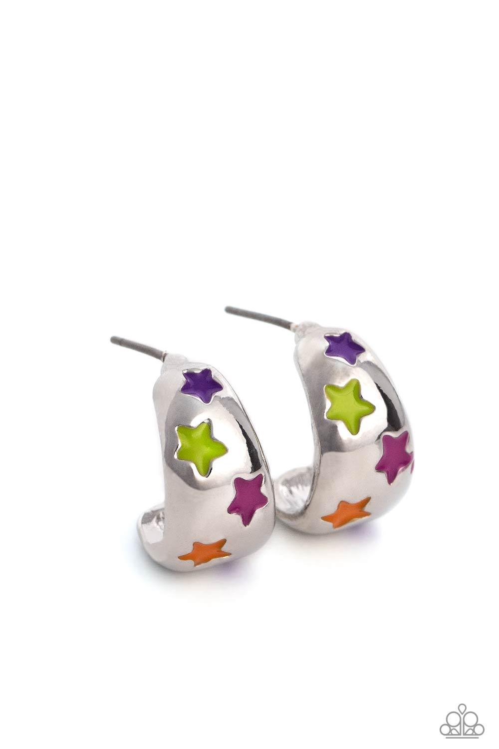 SCOUTING STARS - MULTI COLOR STAR SILVER HOOP EARRINGS - PAPARAZZI