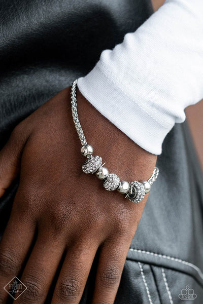 DRAPED DEDICATION - WHITE RHINESTONE SILVER BRACELET - PAPARAZZI - FASHION FIX OCTOBER 2023