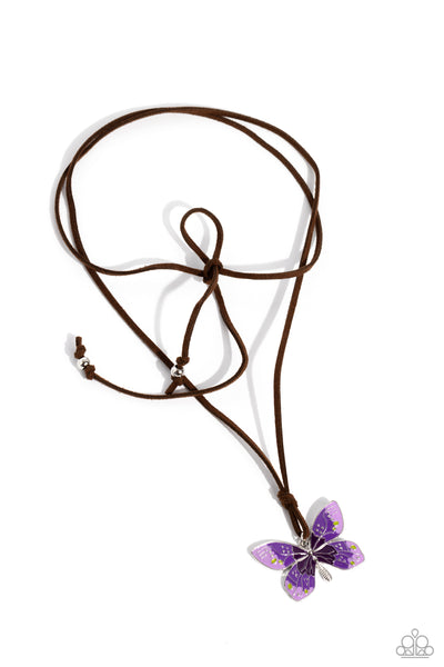 WINGED WANDERER - PURPLE BUTTERFLY BROWN SUEDE TIE CHOKER OR LONG NECKLACE - PAPARAZZI