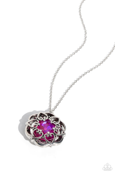 FLOWERING FANTASY - PINK UV SHIMMER GEM FLORAL SHORT NECKLACE - PAPARAZZI