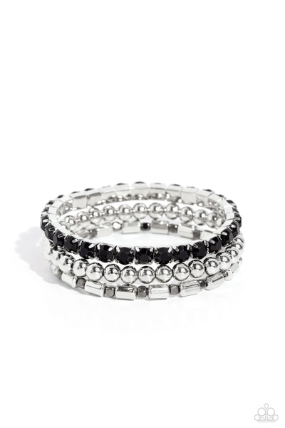 MONOCHROMATIC MAVERICK - BLACK RHINESTONE SILVER AND GUNMETAL MIXED METAL STRETCHY BRACELET SET - PAPARAZZI