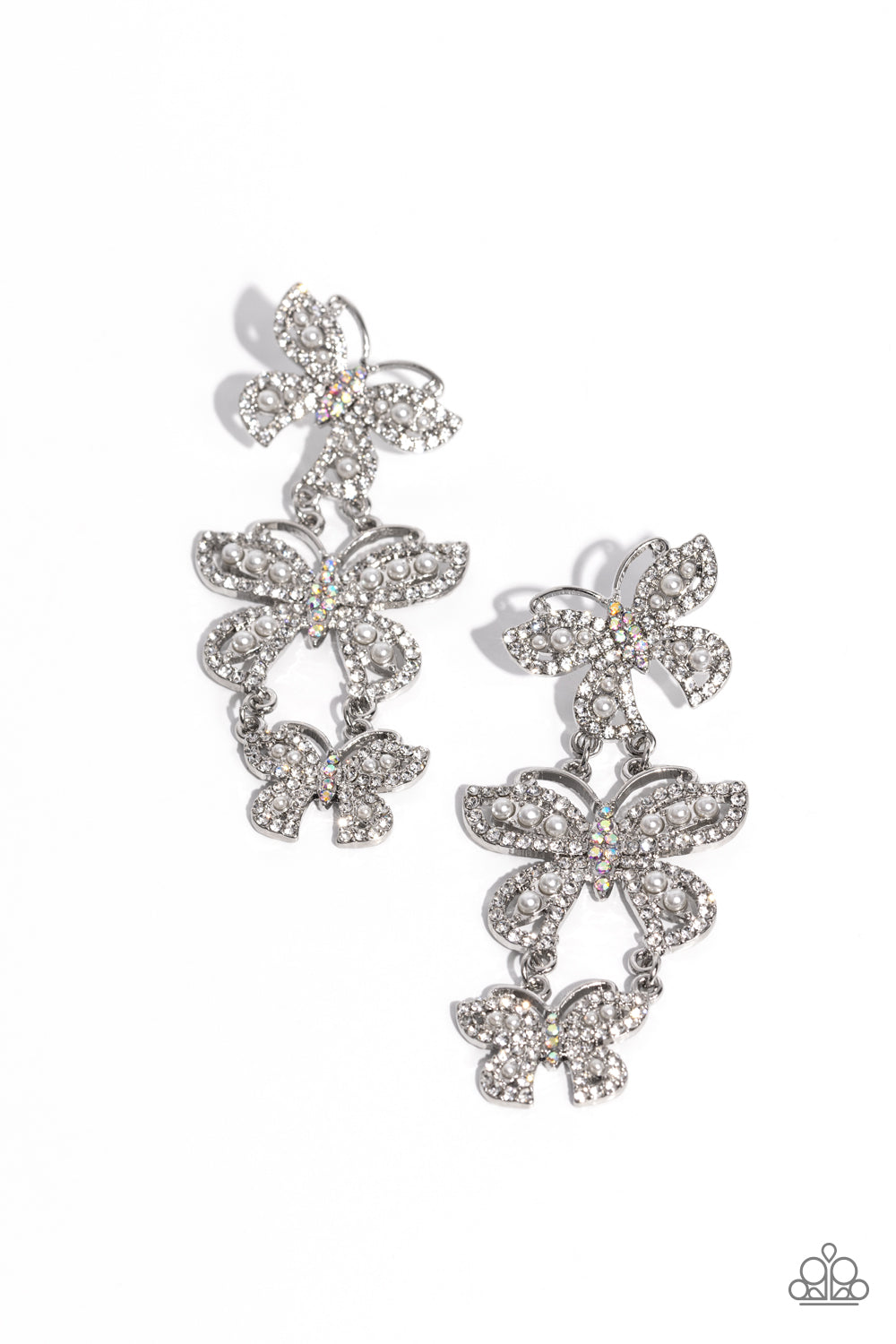 FLUTTERING FINALE -  WHITE RHINESTONE BUTTERFLY POST EARRINGS - PAPARAZZI