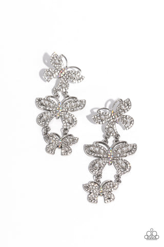 FLUTTERING FINALE -  WHITE RHINESTONE BUTTERFLY POST EARRINGS - PAPARAZZI