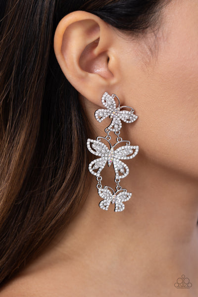 FLUTTERING FINALE -  WHITE RHINESTONE BUTTERFLY POST EARRINGS - PAPARAZZI