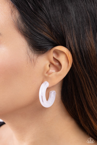 GLASSY GAZE - WHITE ACRYLIC HOOP EARRINGS - PAPARAZZI