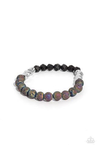 DEFACED DEED - MULTI OIL SPILL BLACK SILVER LAVA BEAD STRETCHY BRACELET - PAPARAZZI