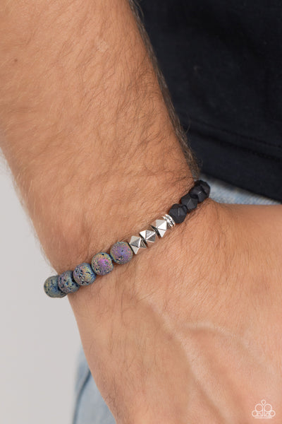 DEFACED DEED - MULTI OIL SPILL BLACK SILVER LAVA BEAD STRETCHY BRACELET - PAPARAZZI
