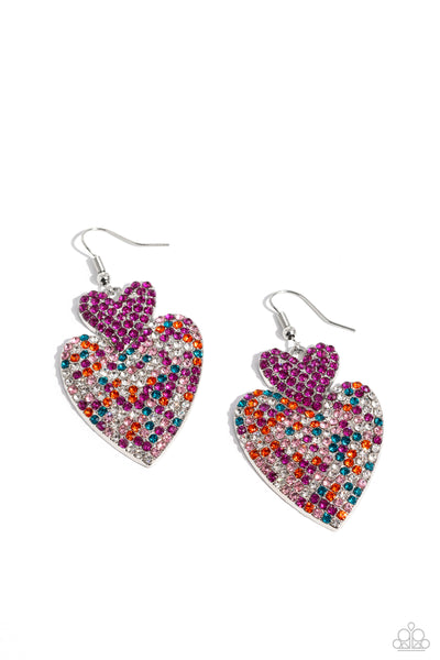 FLIRTING FLOURISH - PINK AND COLORFUL RHINESTONE HEART POST EARRINGS - PAPARAZZI