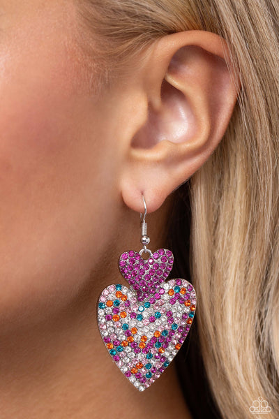 FLIRTING FLOURISH - PINK AND COLORFUL RHINESTONE HEART POST EARRINGS - PAPARAZZI