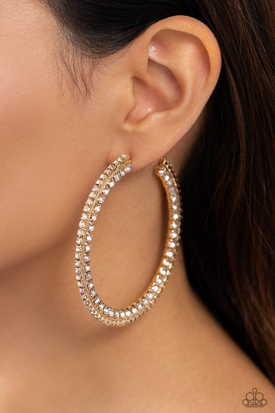 SCINTILLATING SASS - GOLD FRAME WHITE RHINESTONE HOOP EARRINGS - PAPARAZZI Sass - Gold