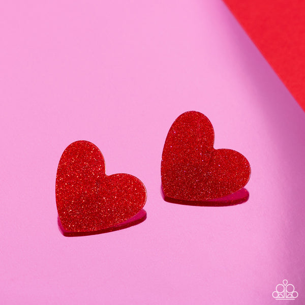 SPARKLY SWEETHEARTS - RED ACRYLIC SPARKLY HEART POST EARRINGS - PAPARAZZI